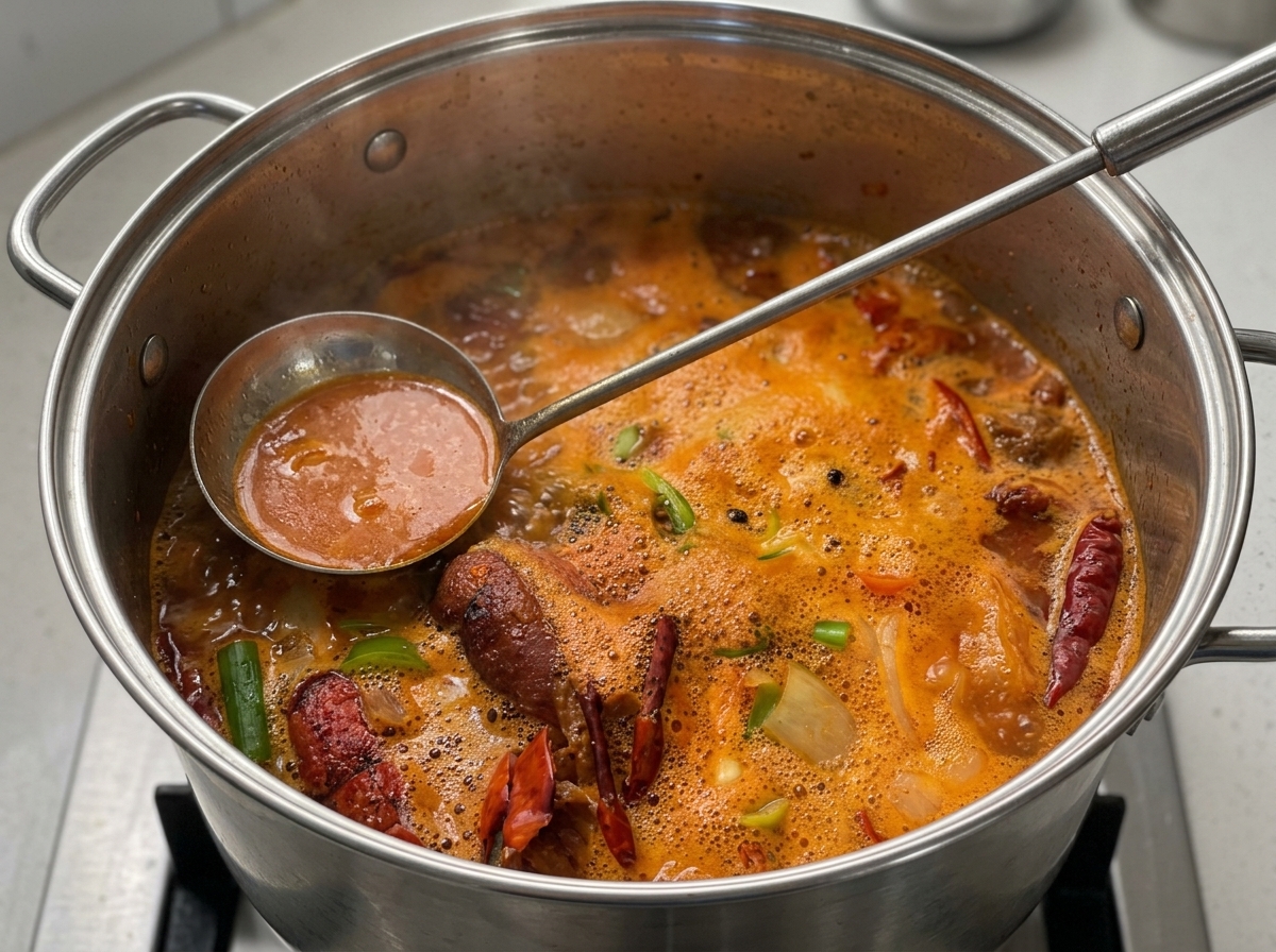 Un cucharón retirando la espuma de la superficie de un caldo de bogavante burbujeante.