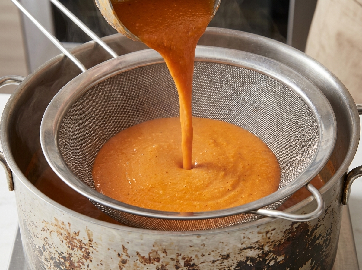 Caldo de bogavante pasando por un colador fino a una olla limpia.