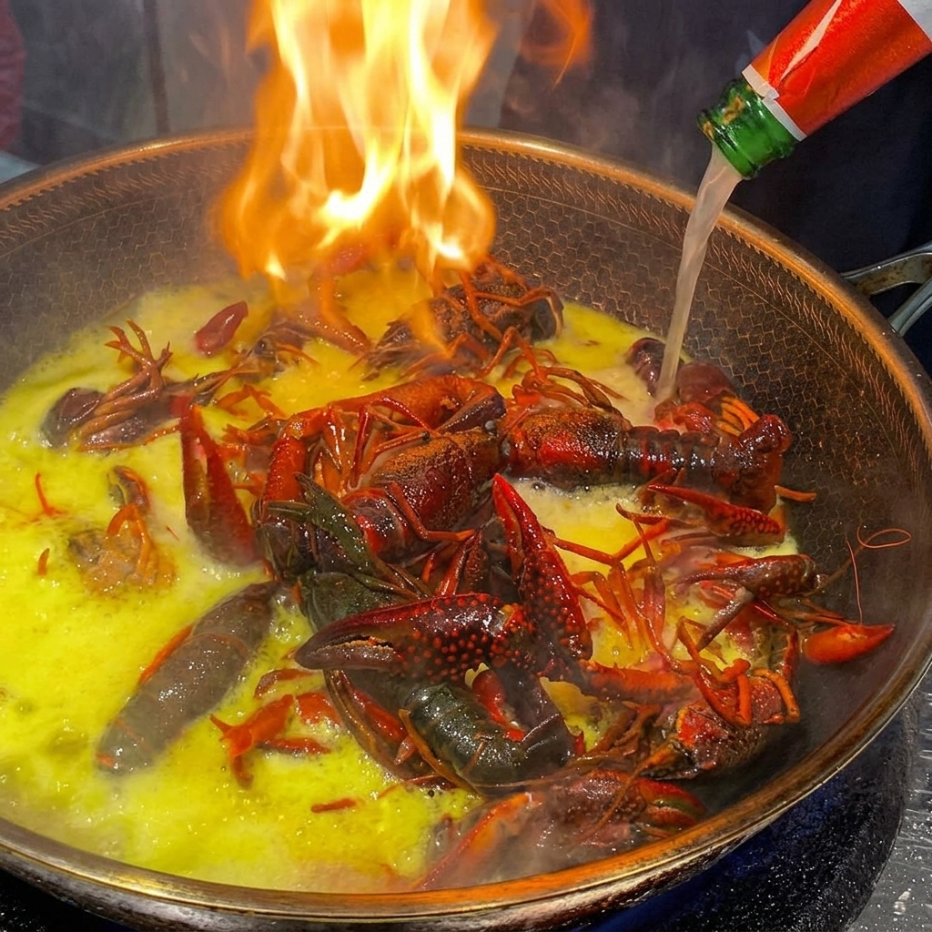 Cerveza vertiéndose de una botella verde en un wok en llamas lleno de cangrejos.