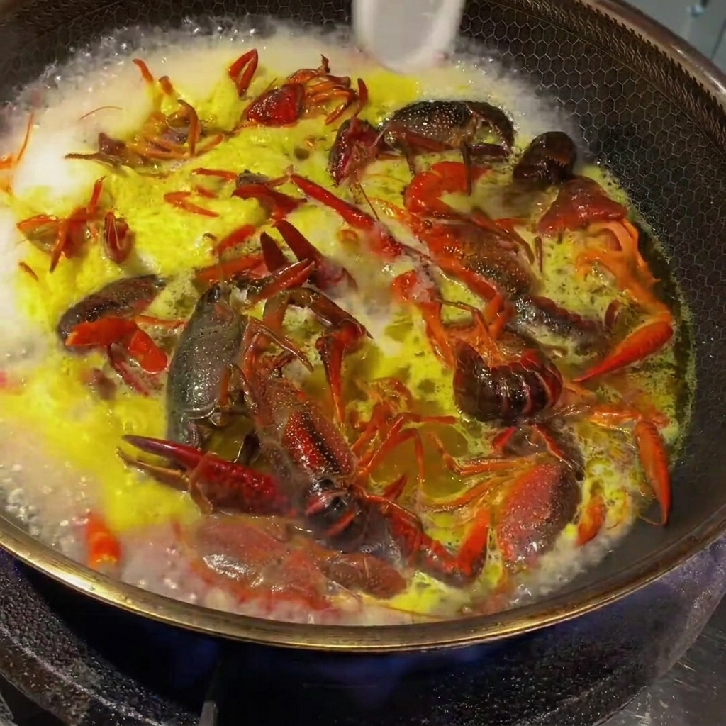 Añadiendo cucharadas blancas de sal y azúcar al caldo de cangrejos burbujeante.