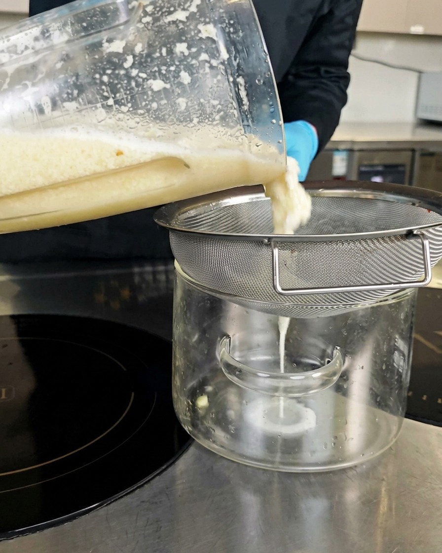 La mezcla de ajo licuado siendo colada a través de un tamiz metálico en una olla de cristal.