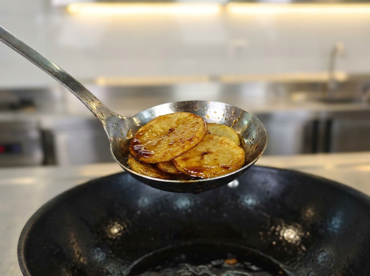 Rodajas de jengibre y pasta de ajo friéndose en un wok caliente.