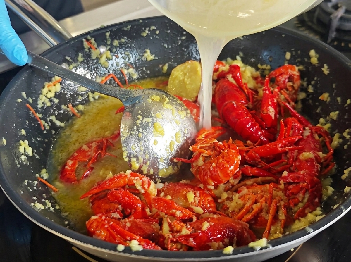 Líquido infusionado con ajo vertido desde un tazón en un wok con cangrejos fritos de color rojo brillante.
