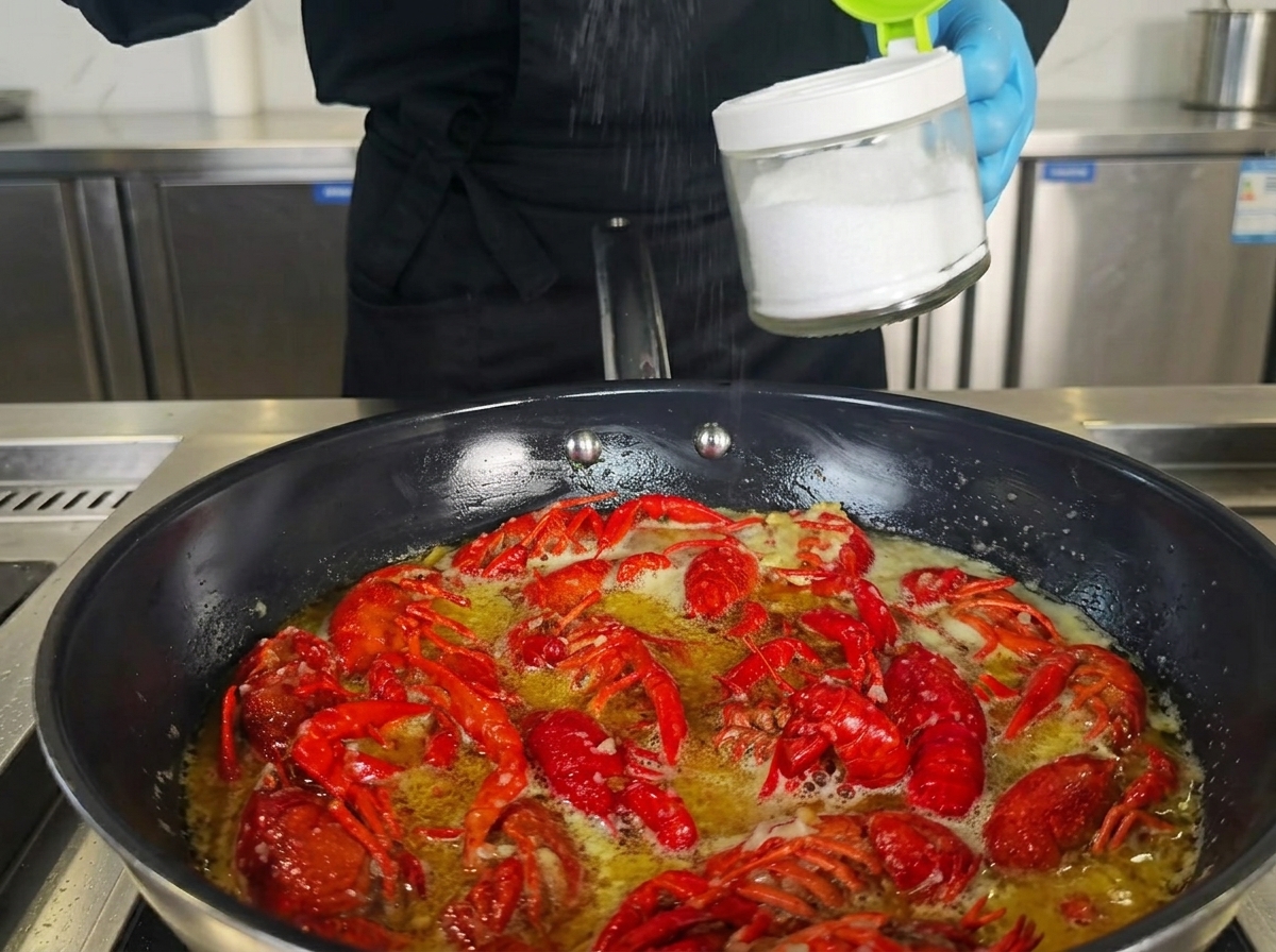 La mano de un chef añadiendo condimentos desde un pequeño recipiente a un wok lleno de cangrejos y salsa aromática.