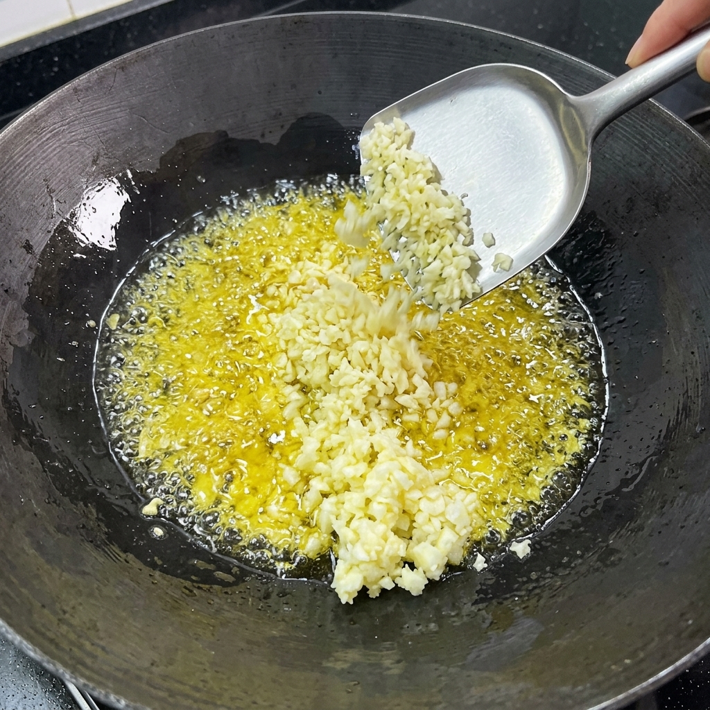 Ajo picado friéndose en aceite caliente dentro de un wok.