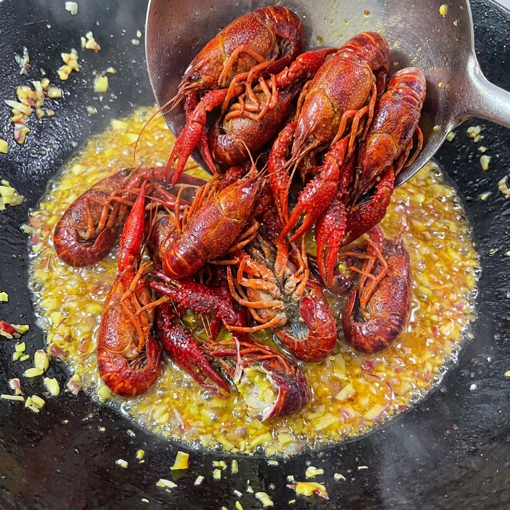 Cangrejos de río escaldados siendo mezclados con la base de ajo y chile en el wok.