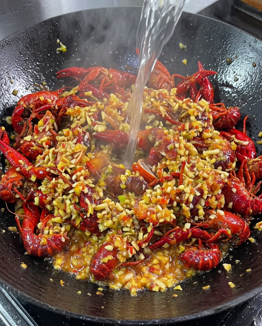 Cerveza y agua vertidas en un wok que contiene los cangrejos cocinados y la salsa de ajo.