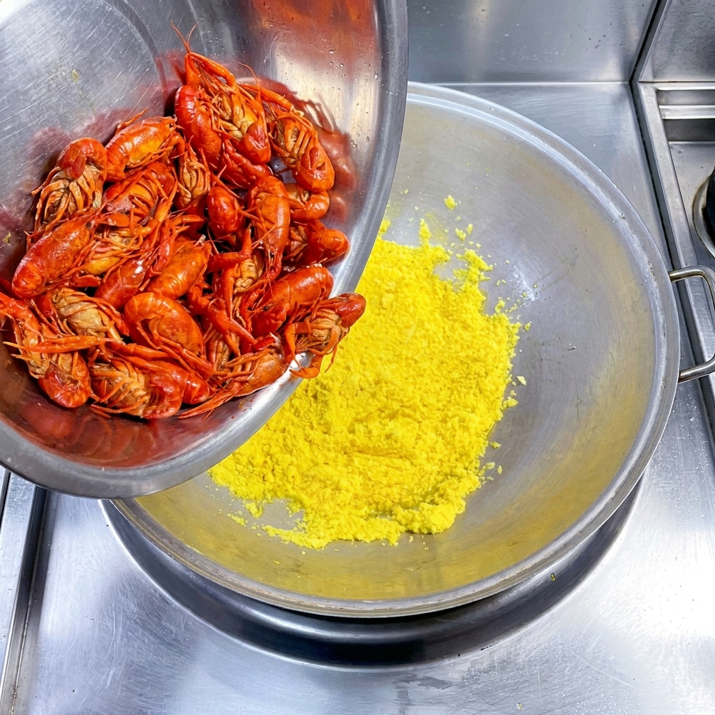 Cangrejos fritos añadidos al wok con ajo sofrito.