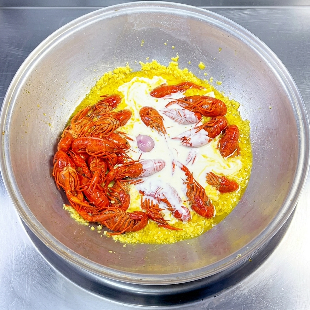Leche blanca mezclándose con los cangrejos y la salsa de ajo en el wok.