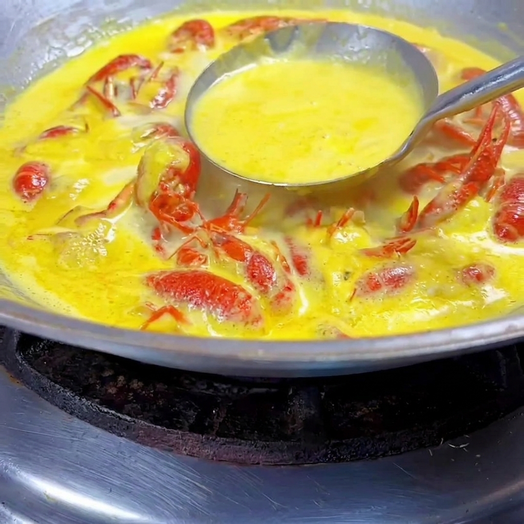 Removiendo la salsa espesa y amarilla en el wok.