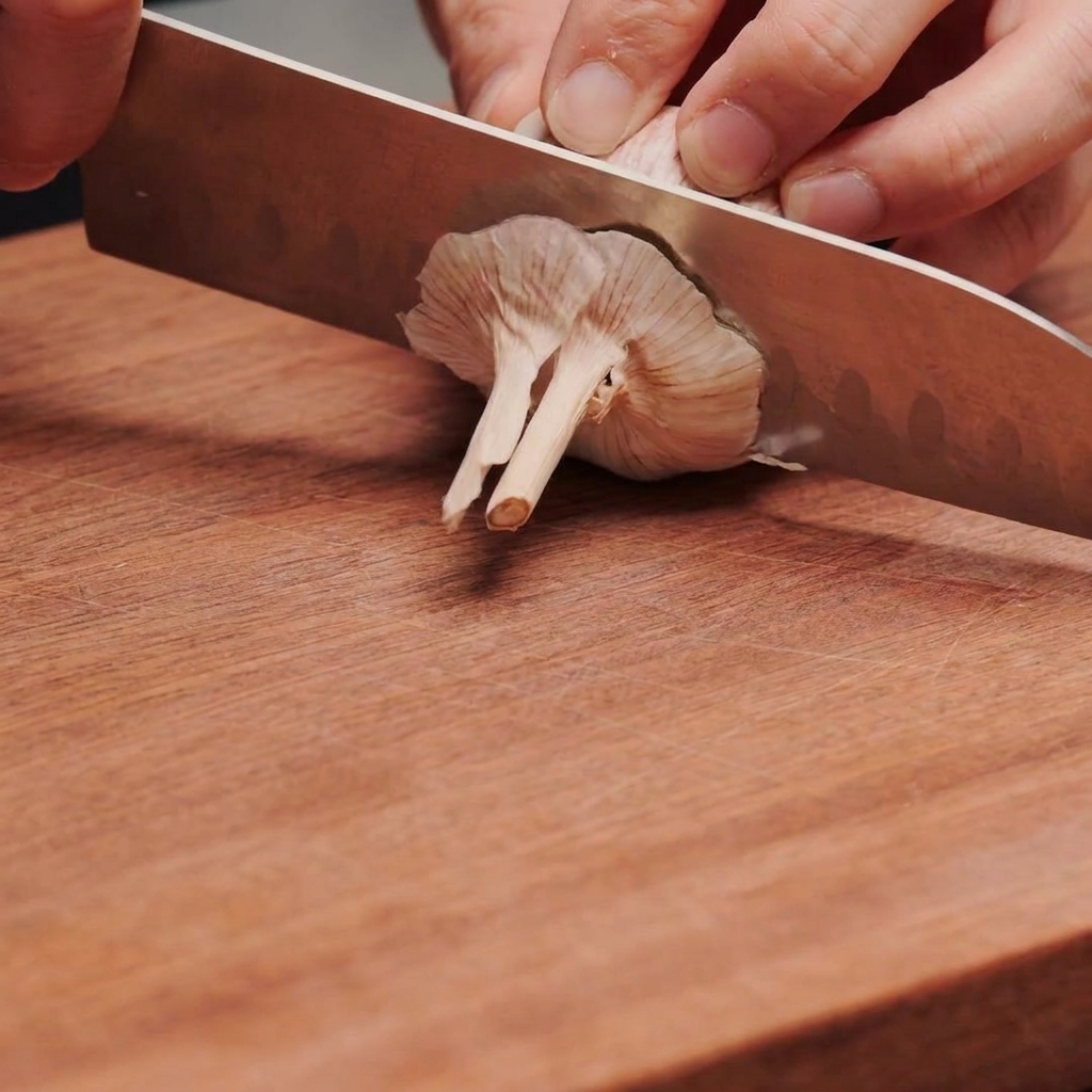 Un cuchillo de chef afilado cortando la base de una cabeza de ajo entera sobre una tabla de cortar de madera.