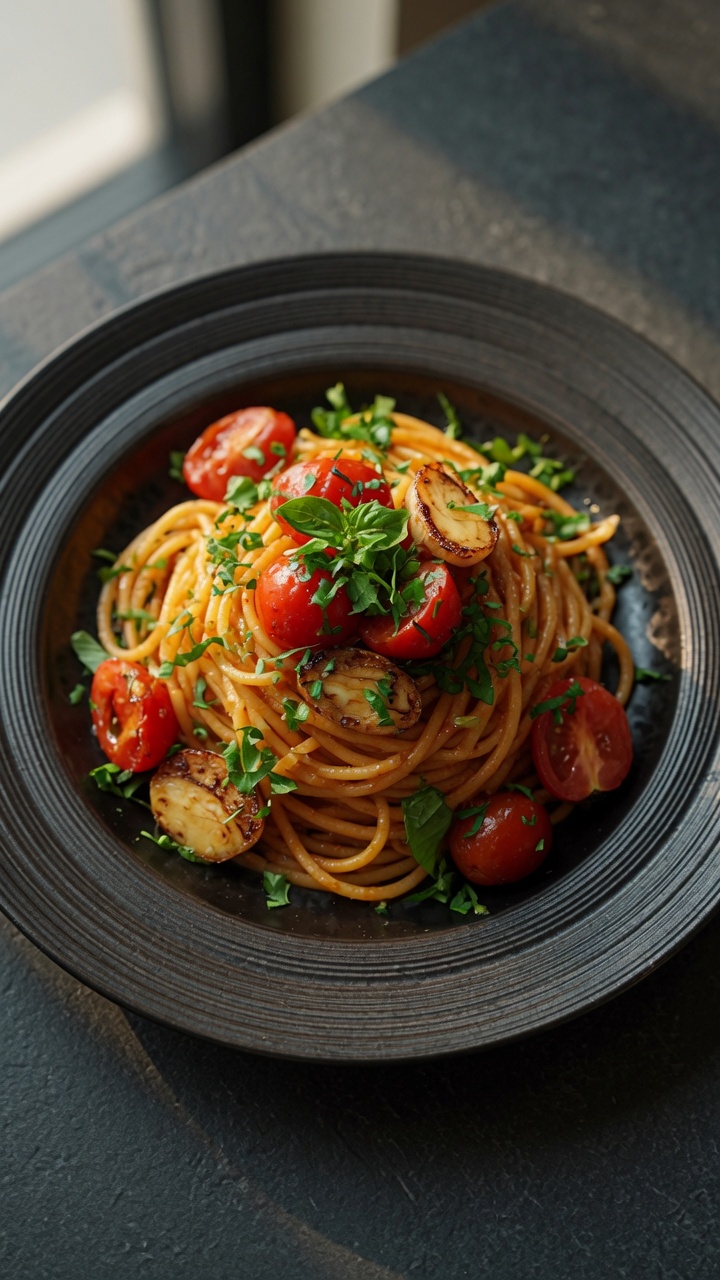 Espaguetis con Ajo Asado y Tomates Cherry