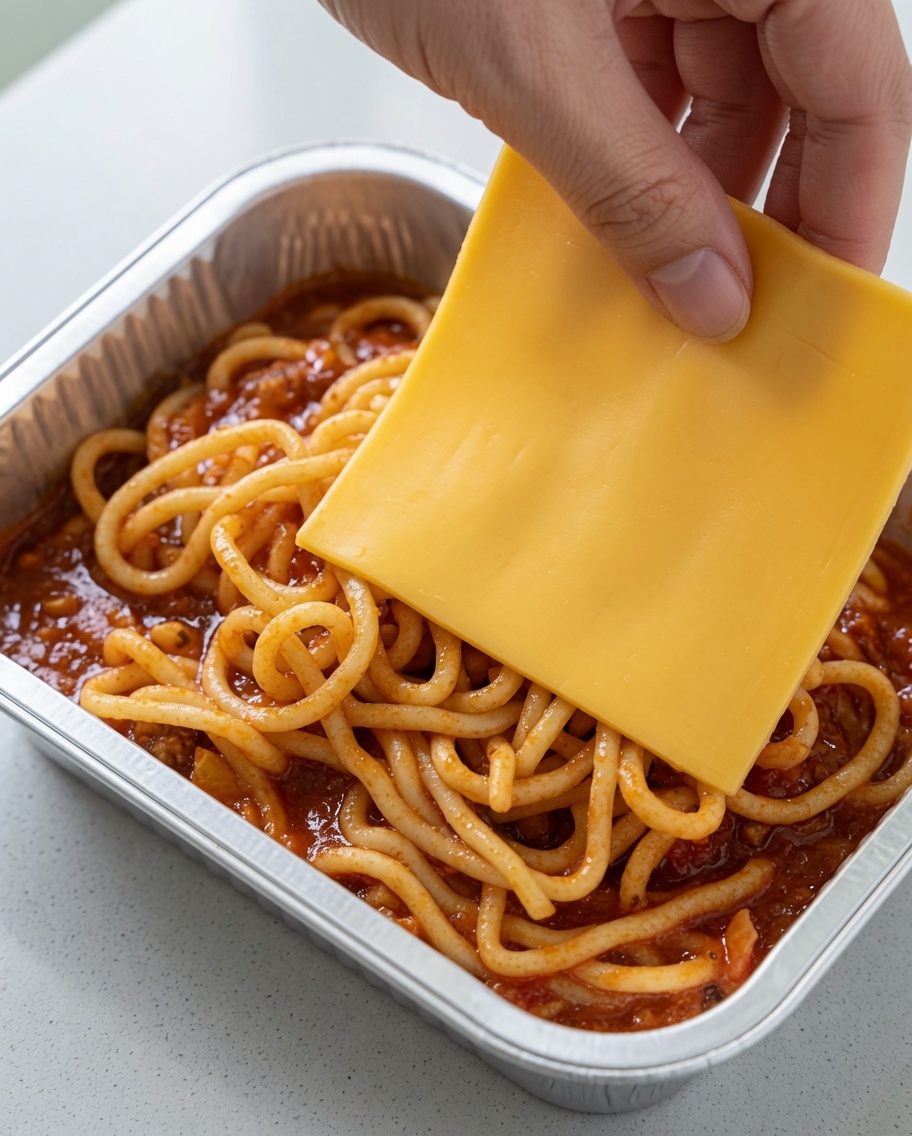 Dos lonchas cuadradas de queso amarillo sobre los espaguetis cubiertos de salsa de tomate.