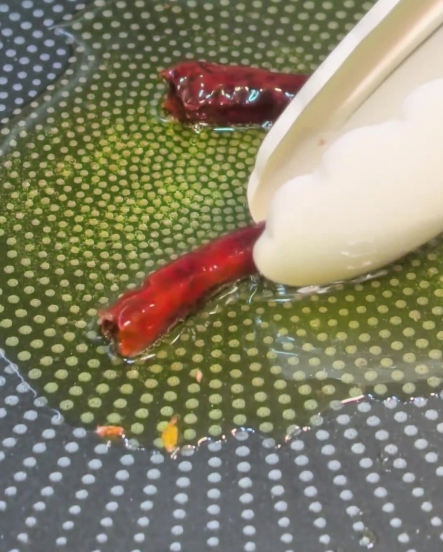Chiles rojos secos añadiéndose al aceite de oliva caliente infusionado con ajo.