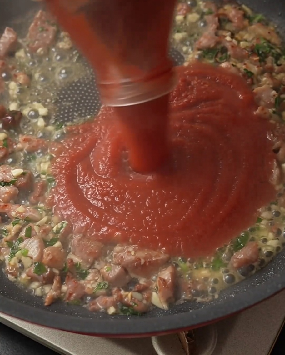 Salsa de tomate roja vertiéndose desde un frasco hacia la sartén.