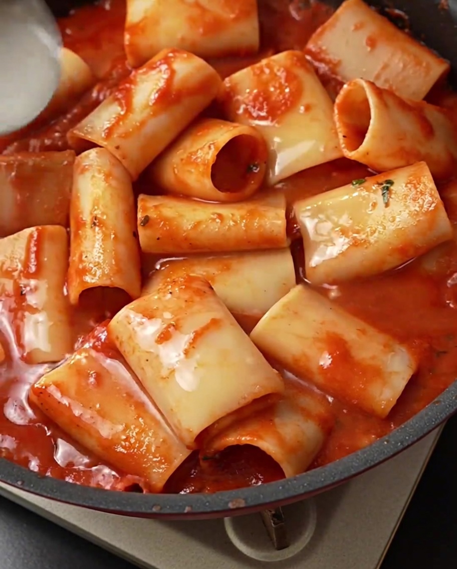Un cucharón vertiendo agua de cocción de la pasta en la sartén con pasta y salsa de tomate.