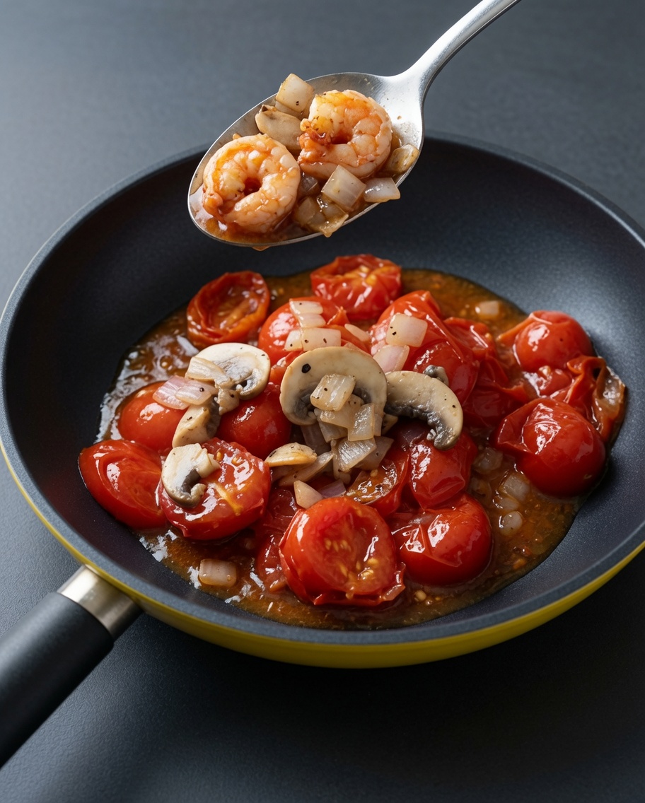 Una sartén con los tomates cherry, donde se añaden de nuevo las gambas, la cebolla y los champiñones cocinados.