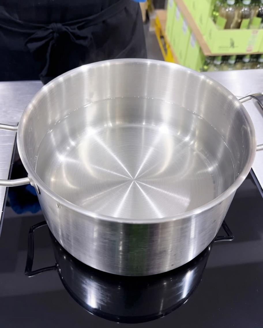 Una olla grande de agua hirviendo siendo sazonada con sal y aceite.