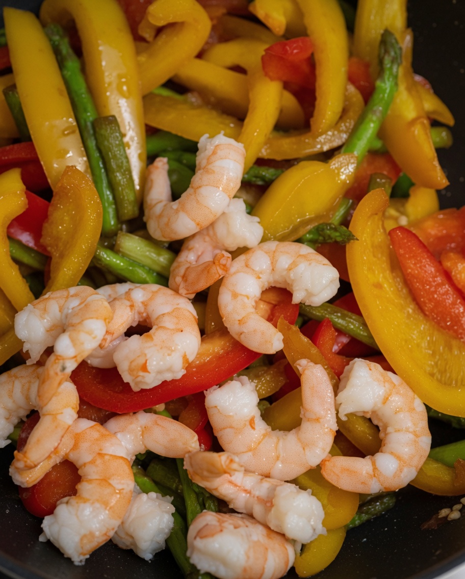 Camarones rosados precocidos mezclados con pimientos coloridos y espárragos en una sartén.