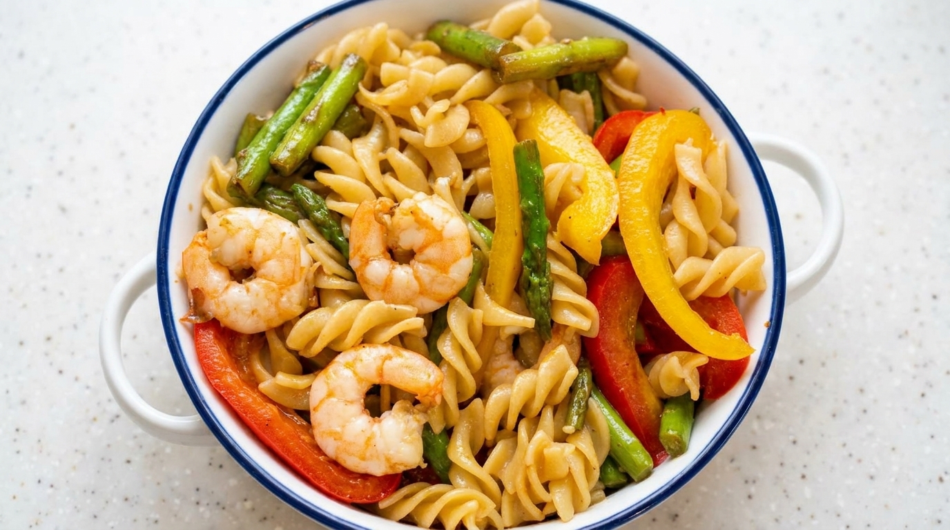 Un plato de pasta rotini salteada con espárragos verdes vibrantes, pimientos brillantes y camarones tiernos.