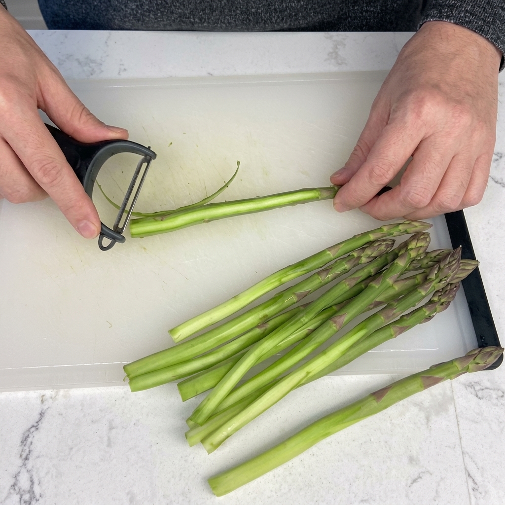 Tallos de espárragos siendo pelados con un pelador de vegetales.