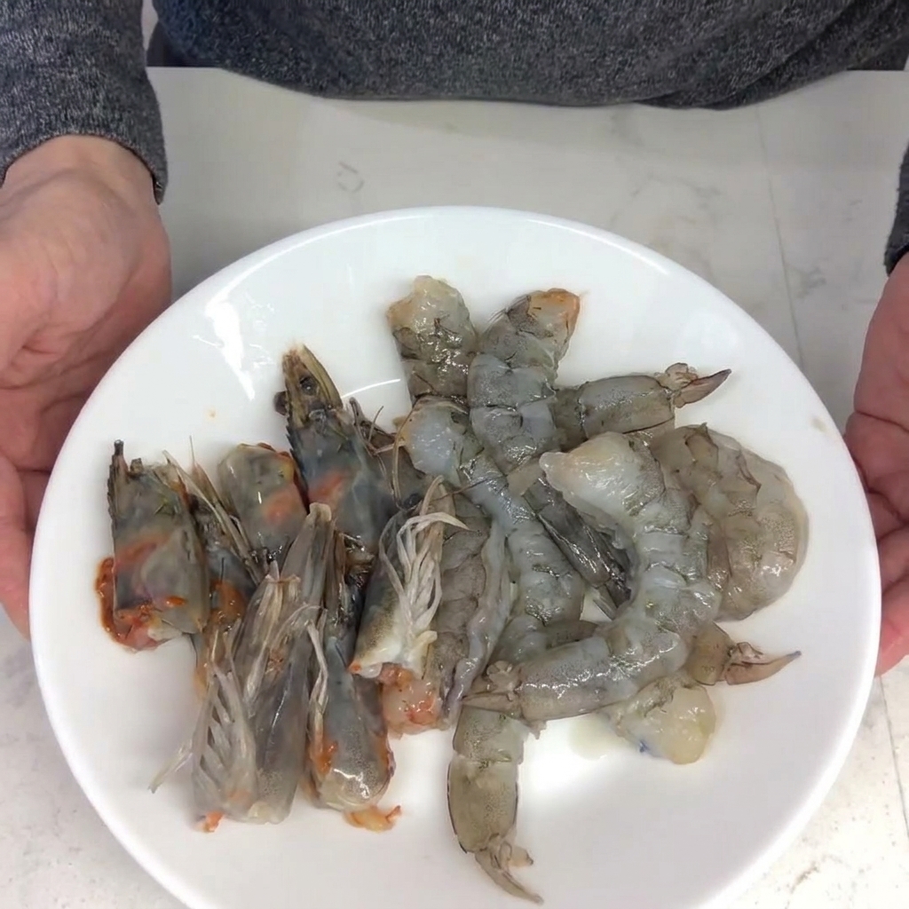 Camarones frescos siendo pelados y desvenados manualmente.