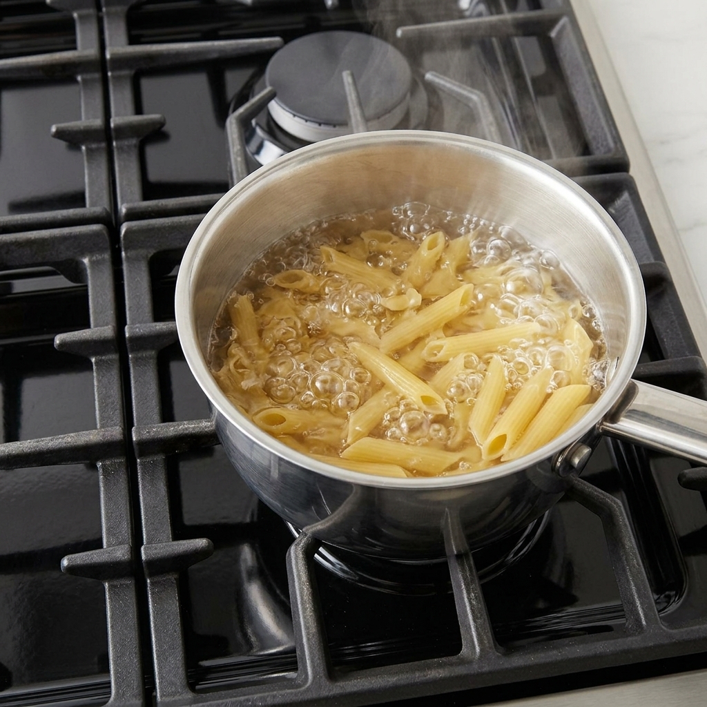 Pasta rigatoni siendo añadida a una olla de agua hirviendo con sal.