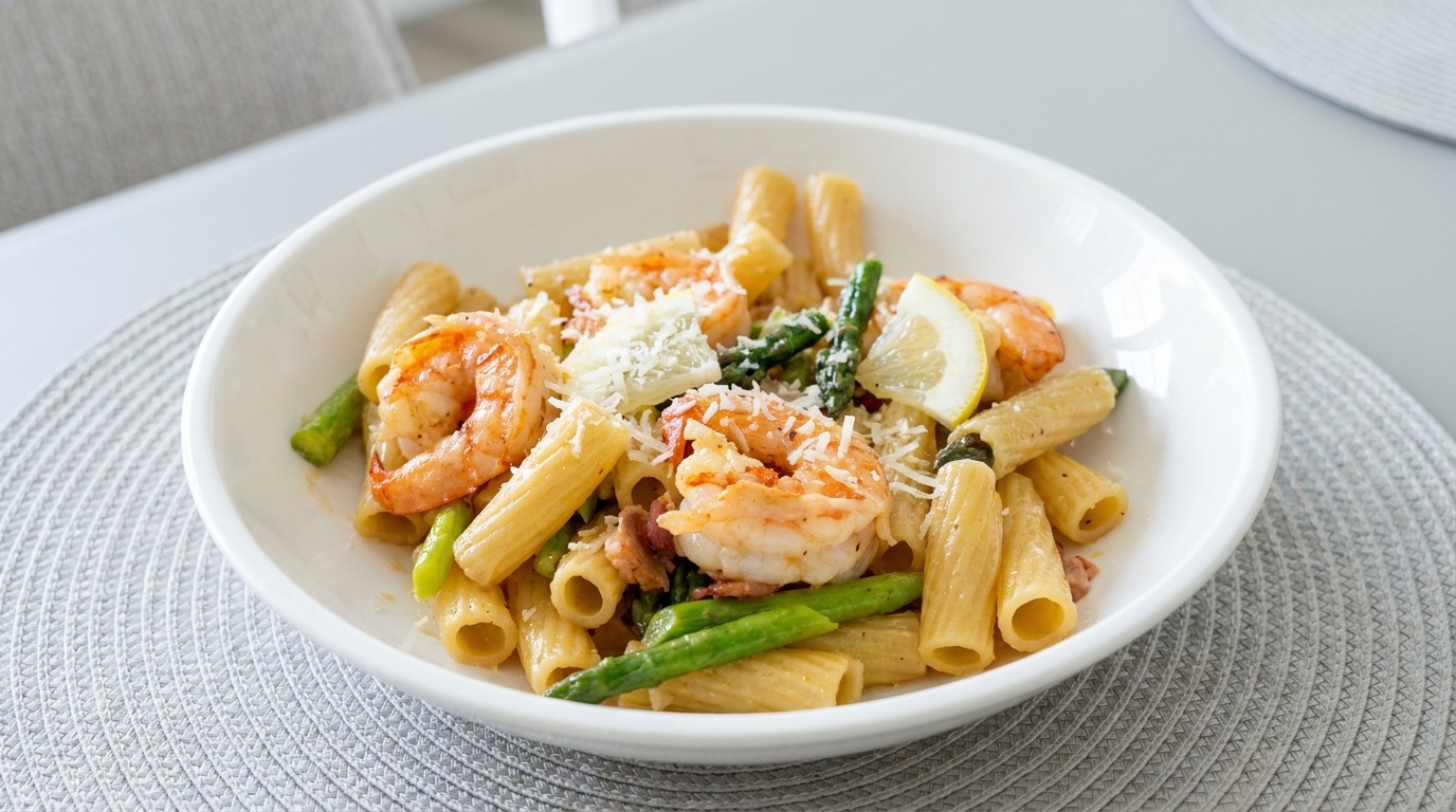 Rigatoni con Camarones y Espárragos