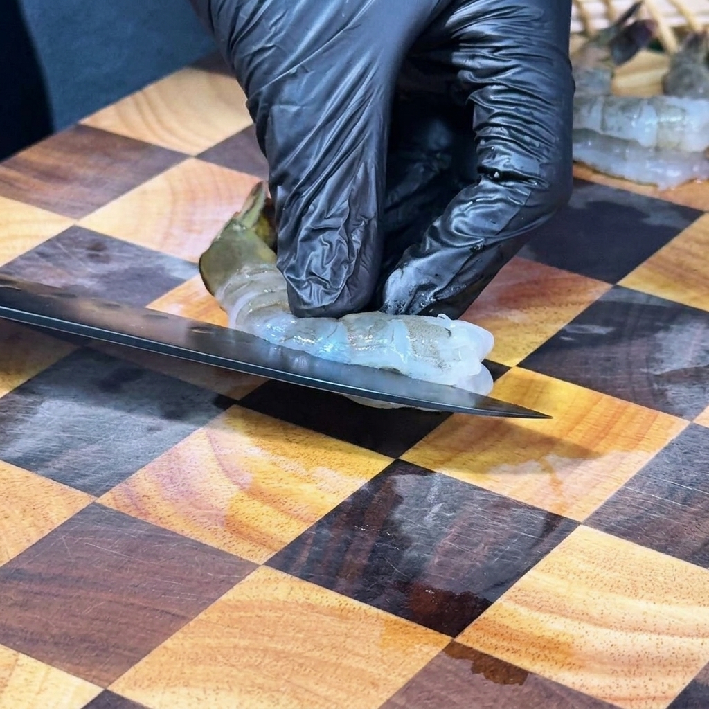 Una persona con guantes negros usando un cuchillo de chef para desvenar una gamba cruda sobre una tabla de cortar de madera a cuadros.