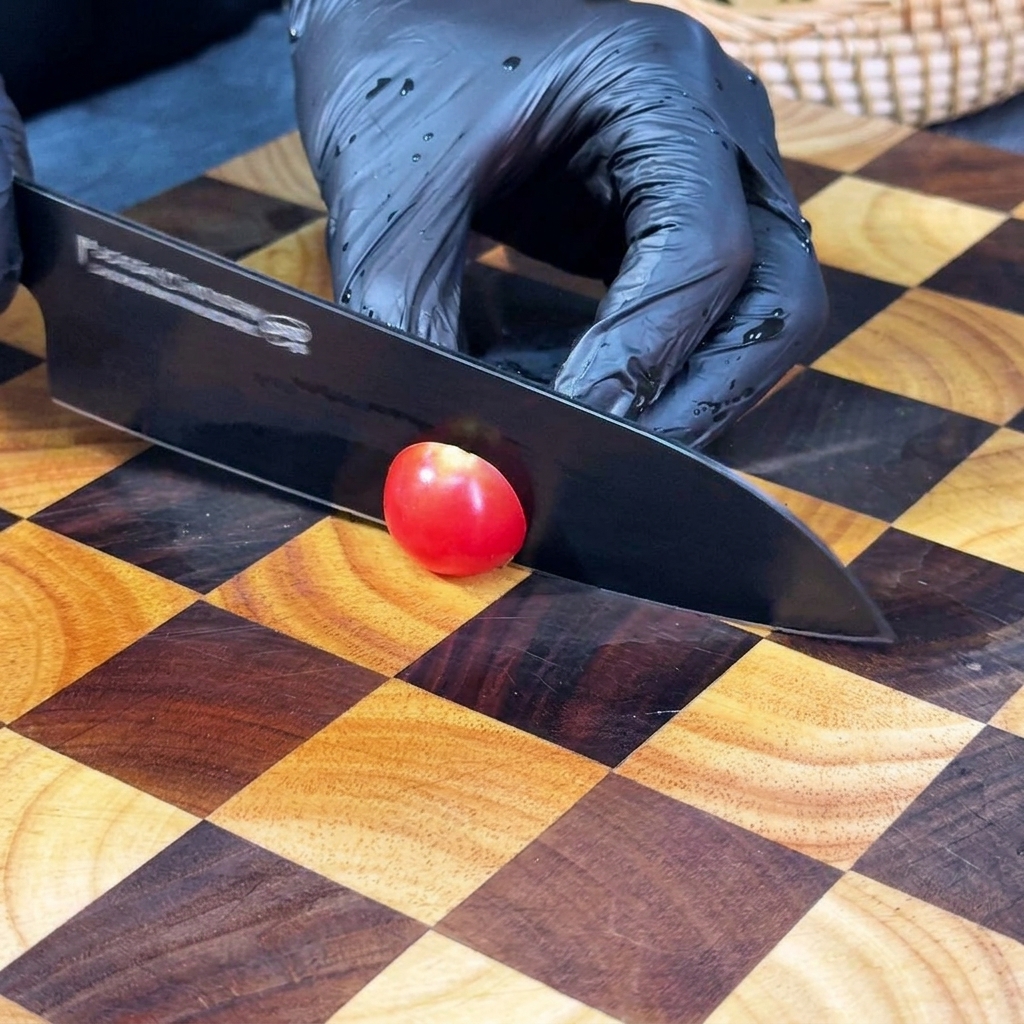 Un cuchillo negro afilado cortando un tomate cherry rojo brillante por la mitad sobre una tabla de madera.
