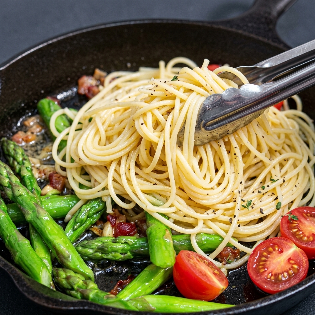 Pasta hervida siendo añadida a una sartén llena de verduras salteadas, lista para mezclar.