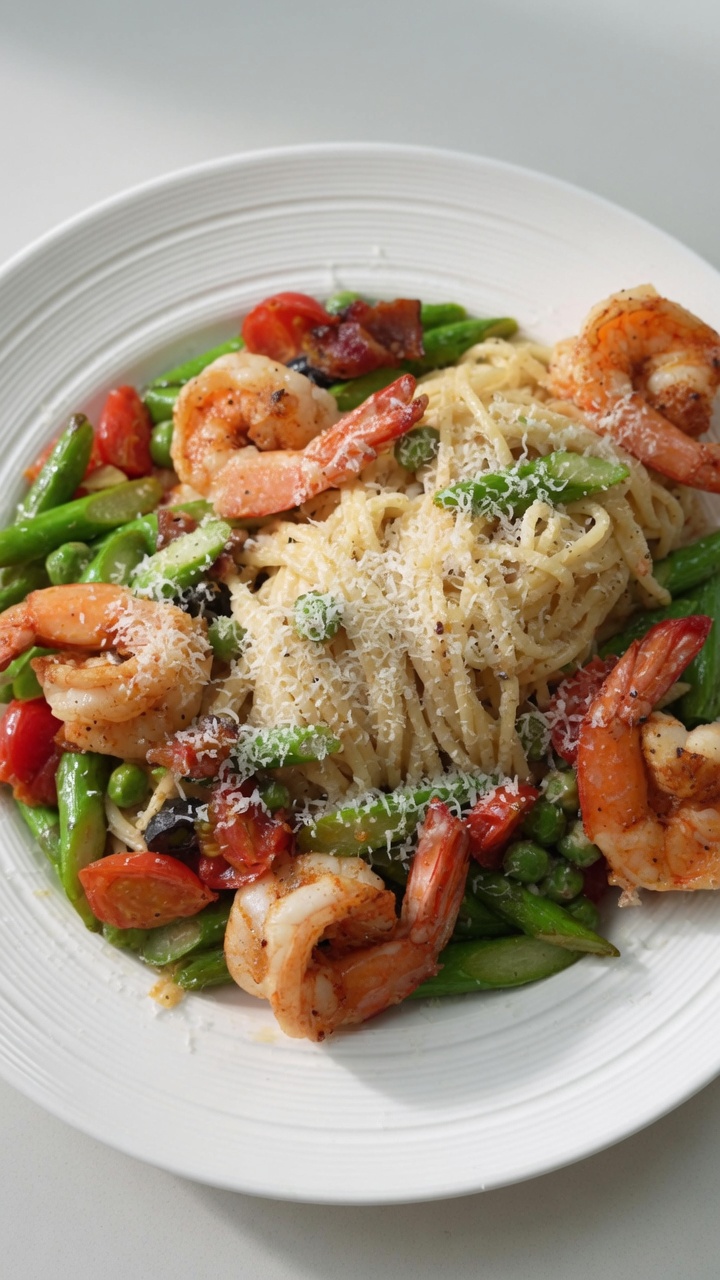 Pasta Cremosa con Gambas y Espárragos