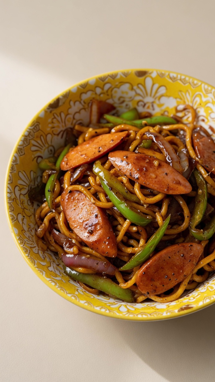 Fideos salteados con jamón y pimienta negra