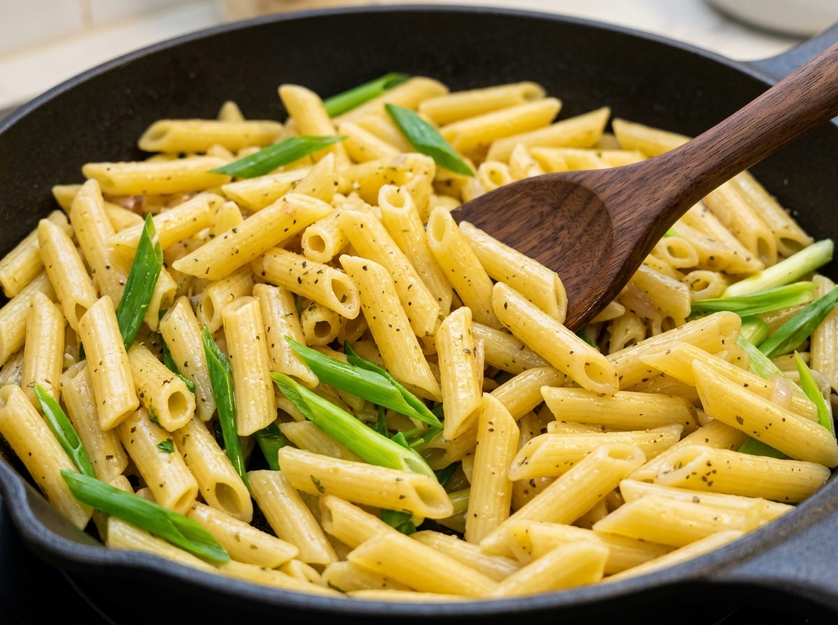 Pasta penne siendo salteada con salsa de pimienta negra y brotes verdes en una sartén de hierro fundido usando una espátula de madera.