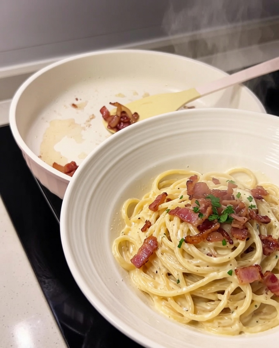 Trozos de guanciale frito retirados de la sartén a un cuenco pequeño.