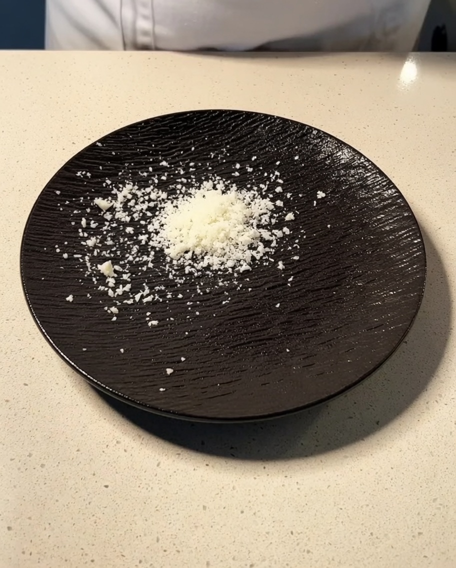 Queso Parmesano y Pecorino recién rallado sobre un plato de textura oscura.
