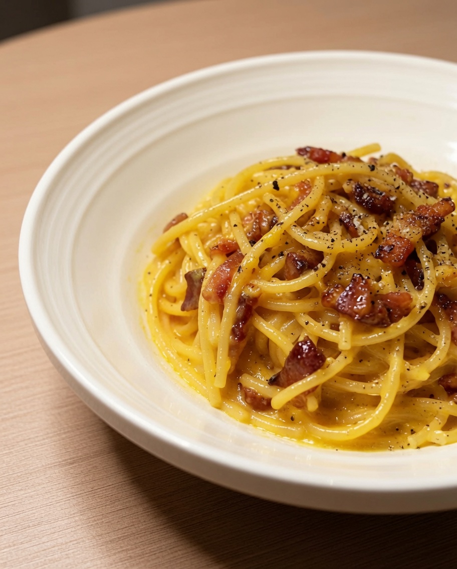 Queso rallado en la grasa de guanciale dentro de una sartén blanca.