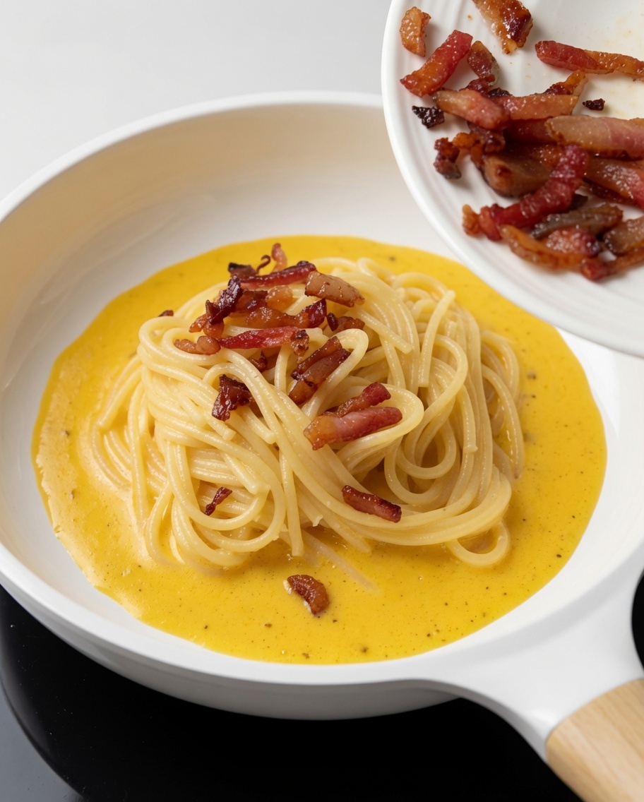 Trozos de guanciale frito añadidos sobre la pasta y la salsa.