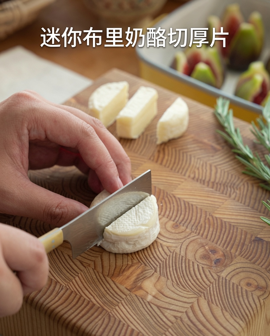 Rebanadas gruesas de cremoso queso Brie dispuestas sobre una tabla de cortar de madera.