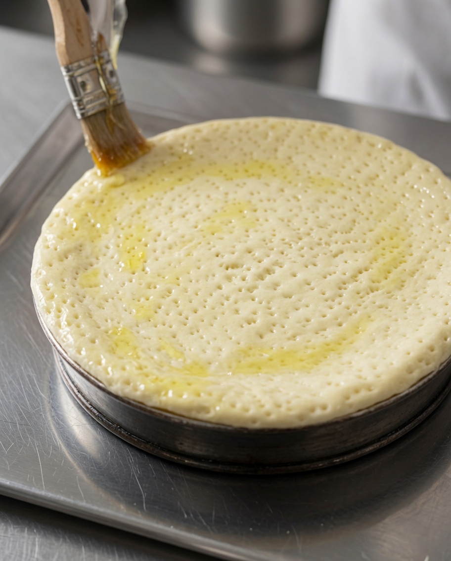 Aceite de oliva siendo aplicado con brocha sobre la superficie de la masa preparada.