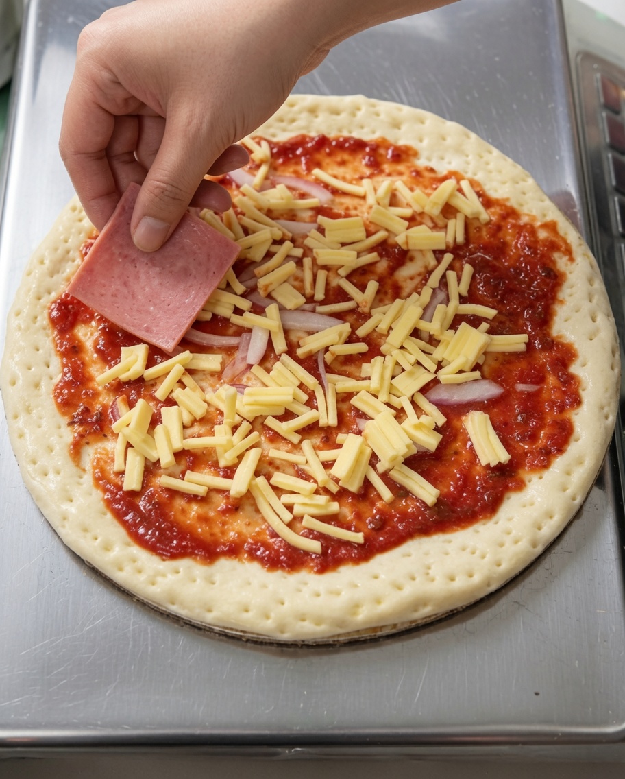 Primer plano de una mano colocando con cuidado cuadrados de jamón sobre la base con salsa y queso.