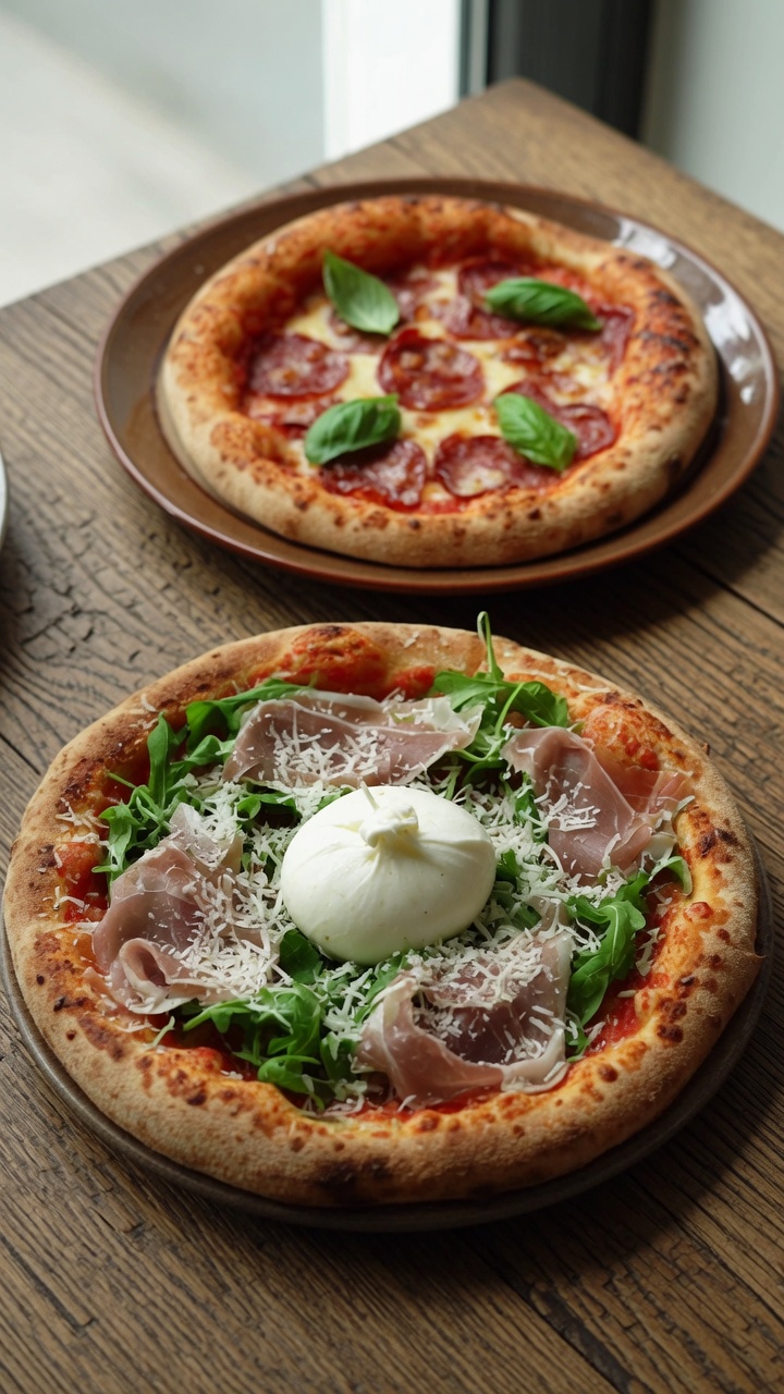 Pizzas Artesanales de Burrata con Prosciutto y Salami con Albahaca