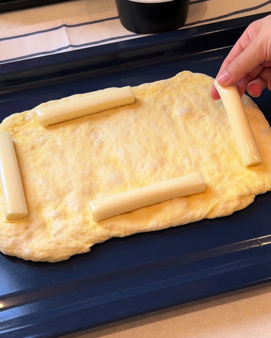 Manos doblando los bordes de la masa sobre los palitos de queso.