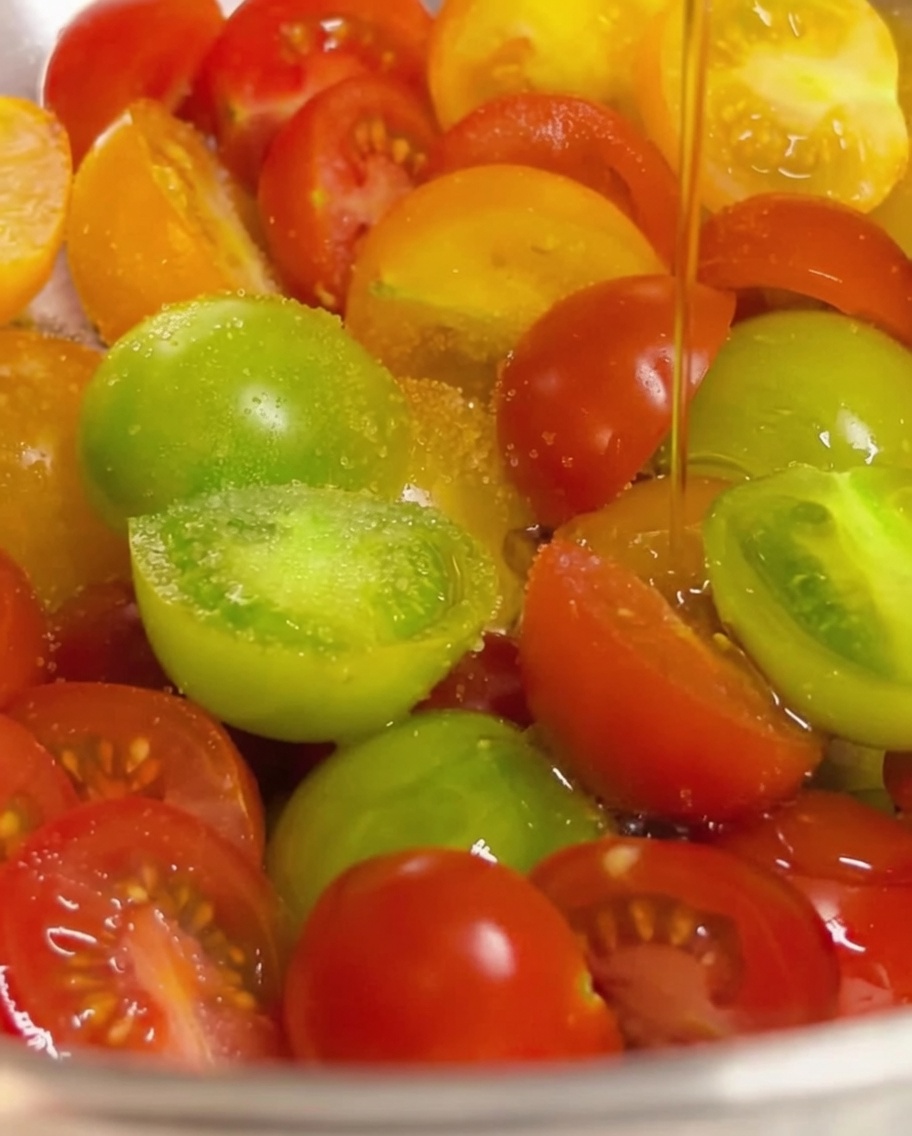 Un chorro fino de aceite de oliva vertiéndose sobre una colorida mezcla de tomates cherry a la mitad sazonados con sal.