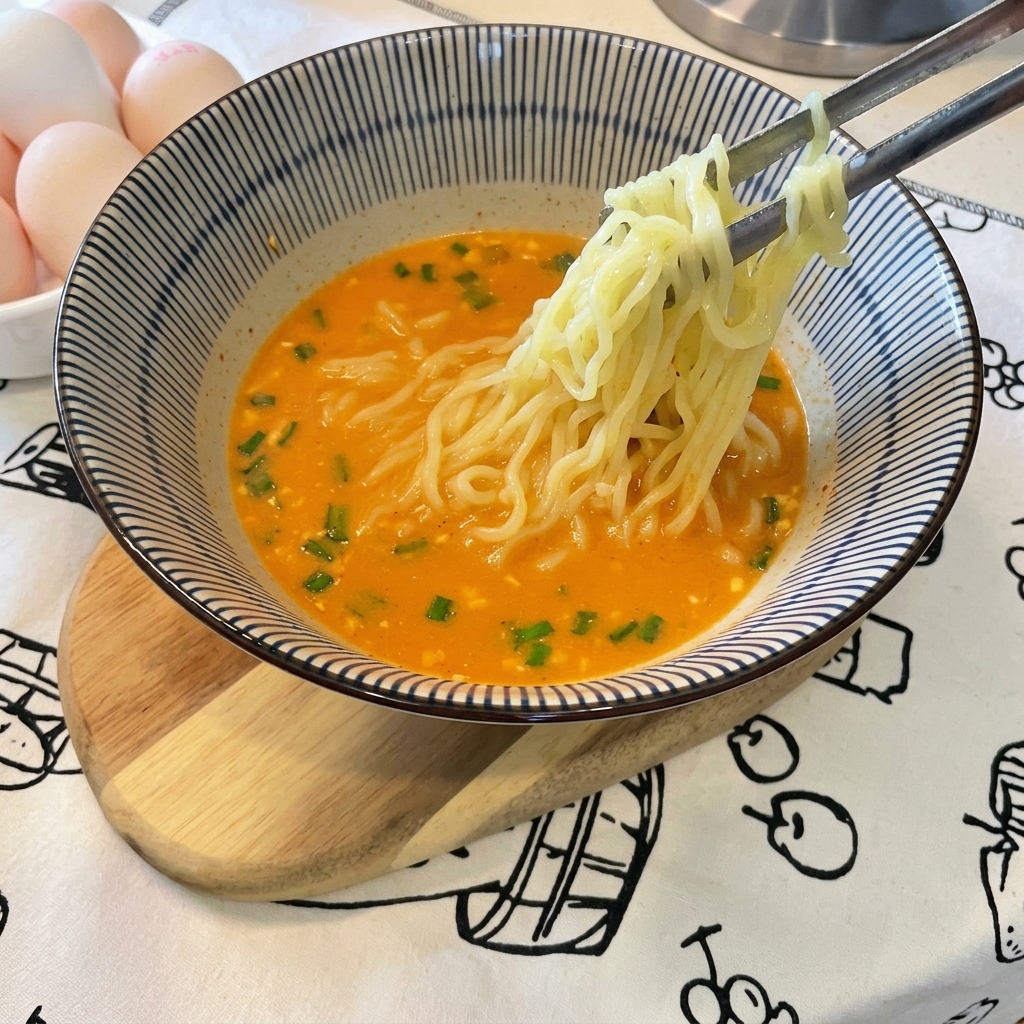 Un tazón de ramen terminado cubierto con mitades de huevo semicocido, tiras de algas y cebollín.