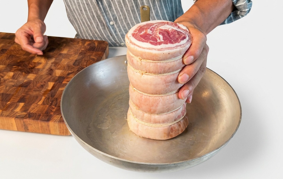 Sosteniendo un rollo de panceta de cerdo en posición vertical en una sartén plana caliente para dorar los extremos.