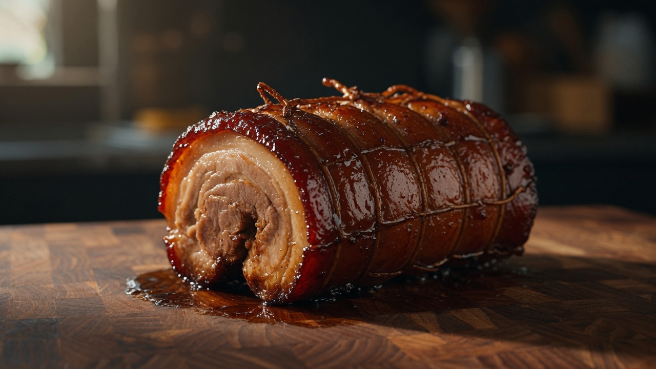 Una panceta enrollada de chashu japonés perfectamente caramelizada y lista para ser cortada para el ramen.