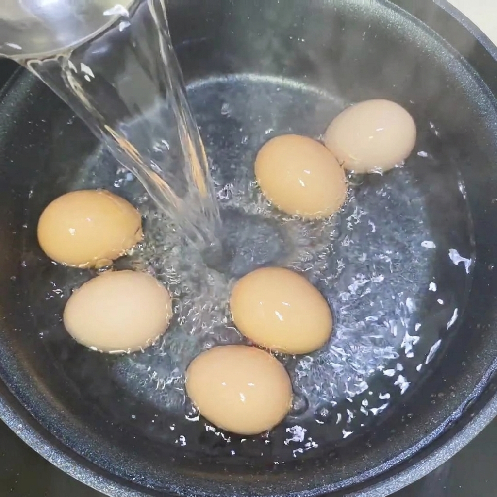 Huevos hirviendo en una olla de agua en la estufa.