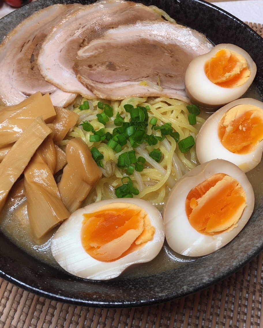 Tazón de ramen terminado decorado con cebollino picado.