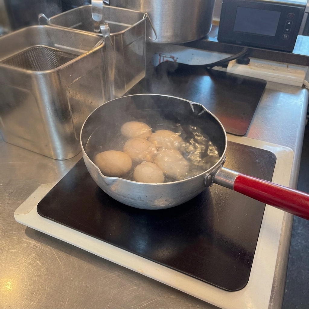 Huevos cocidos sumergidos en un baño de agua con hielo para detener la cocción.